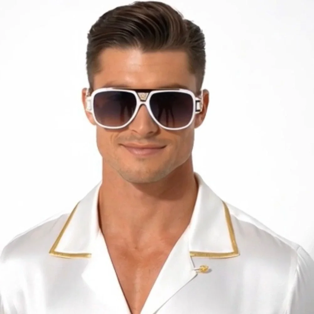 Mens White Gold Oversized Retro‎ Sunglasses Square Pilot Gradient Lenses Lentes